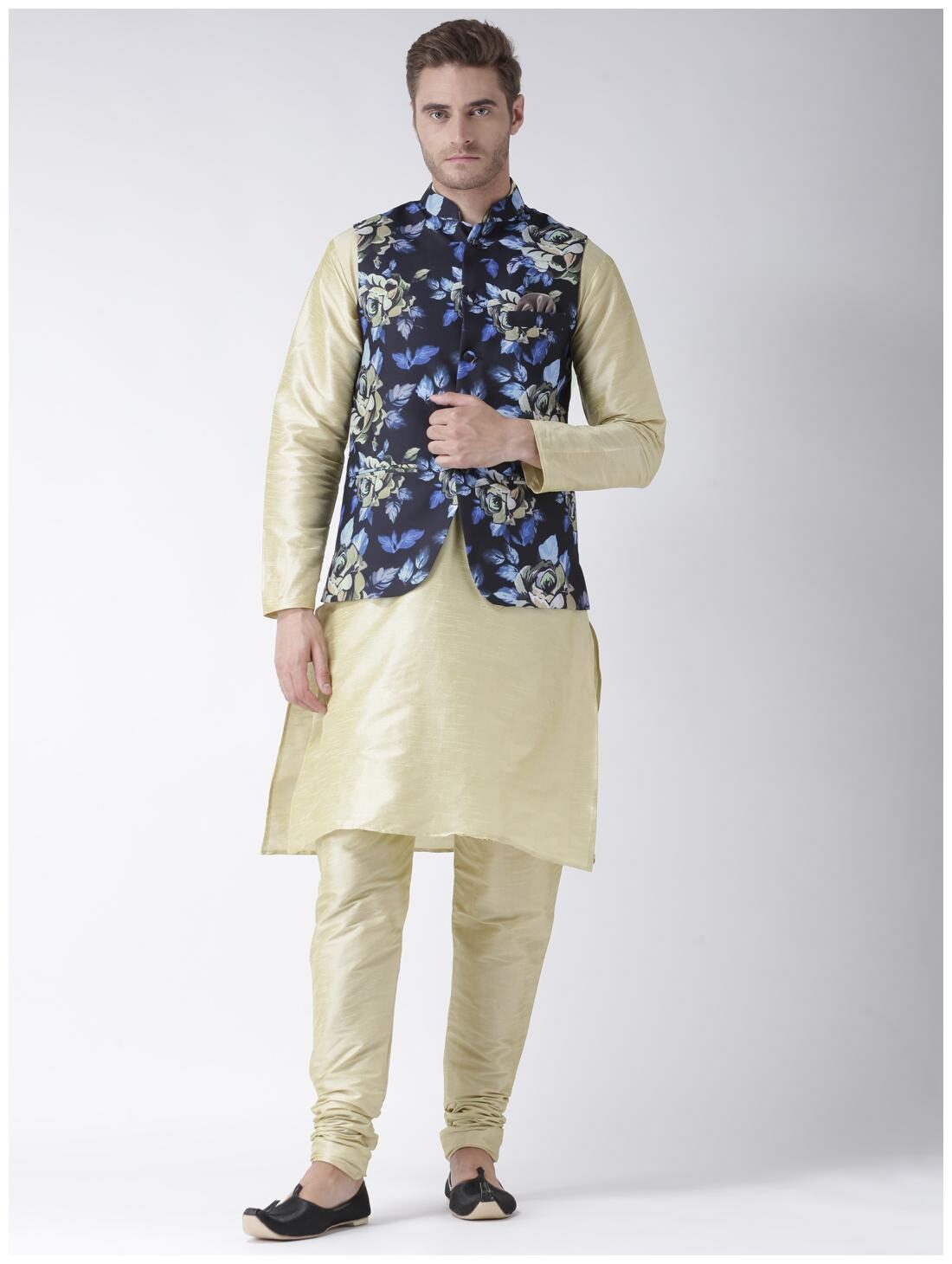 

hangup 3 piece kurta set golden color with printed waist coat size 44