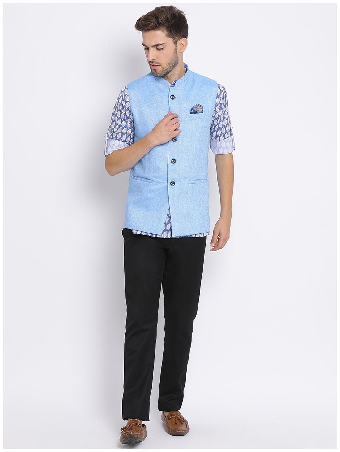 

Hangup Blue Solid Kurta and Trousers With Nehru Jacket