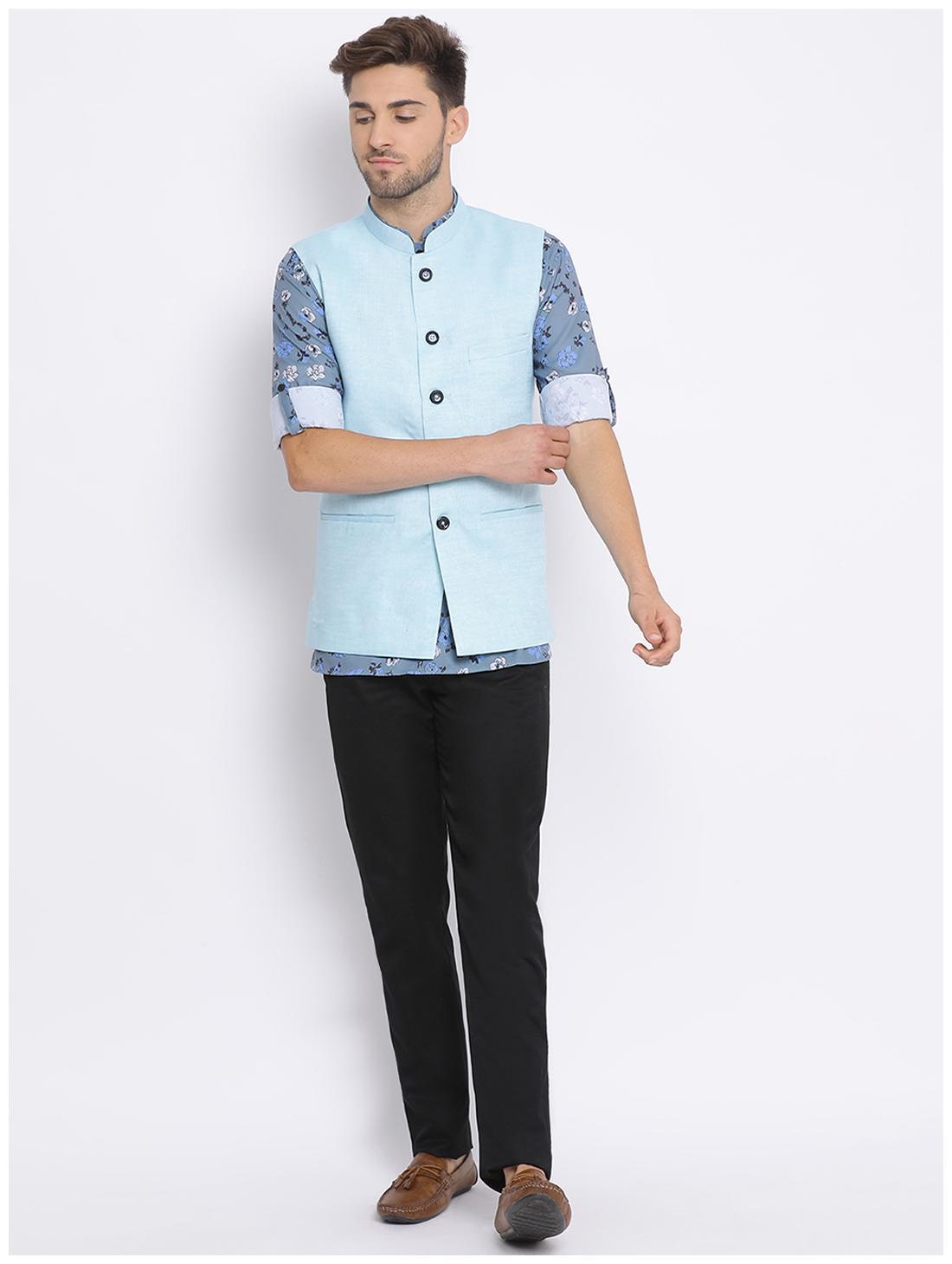 

Hangup Blue Solid Kurta and Trousers With Nehru Jacket