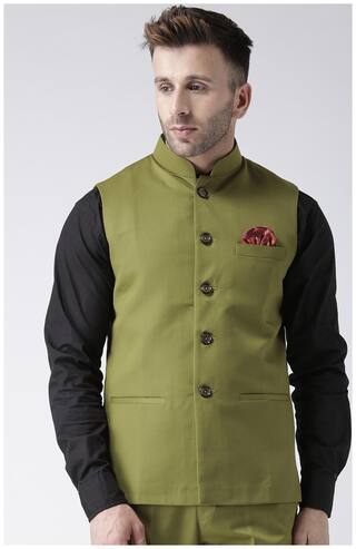 Hangup Men Green Solid Regular Fit Ethnic Jacket