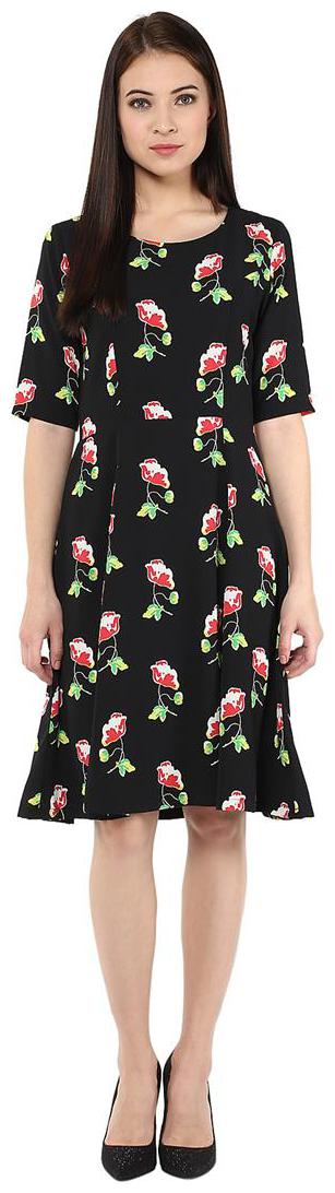 

Harpa Black Floral Print Knee-Long Womens Dress