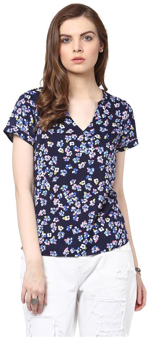 

Harpa Blue Crepe Floral Print Half Sleeves Womens Top
