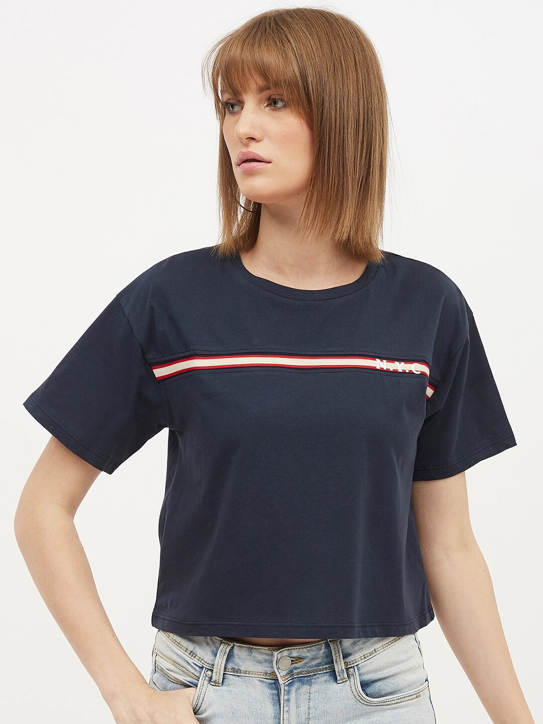 

Harpa Cotton Printed Navy Blue T Shirt For Women