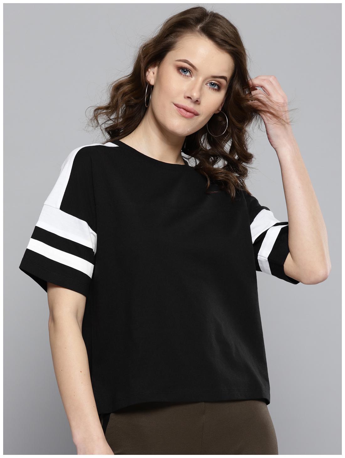 

Harpa Women Black Regular fit Round neck Cotton T shirt
