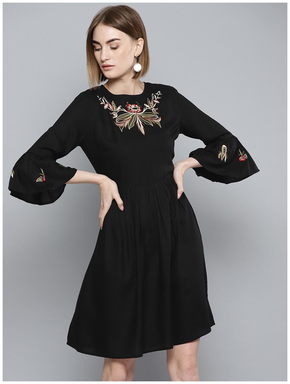 

Harpa Black Embroidered A-line dress