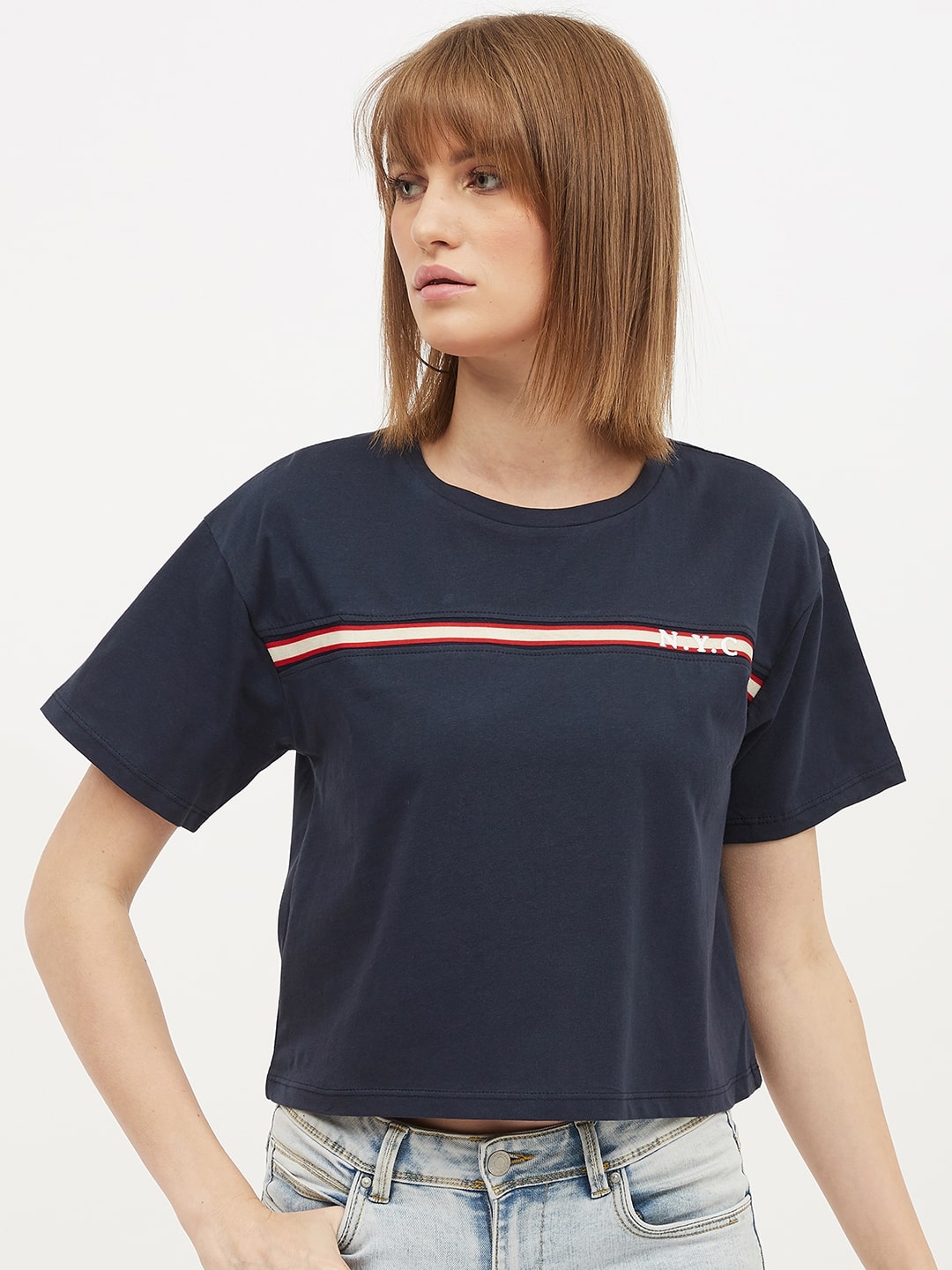 

Harpa Cotton Printed Navy Blue T Shirt For Women