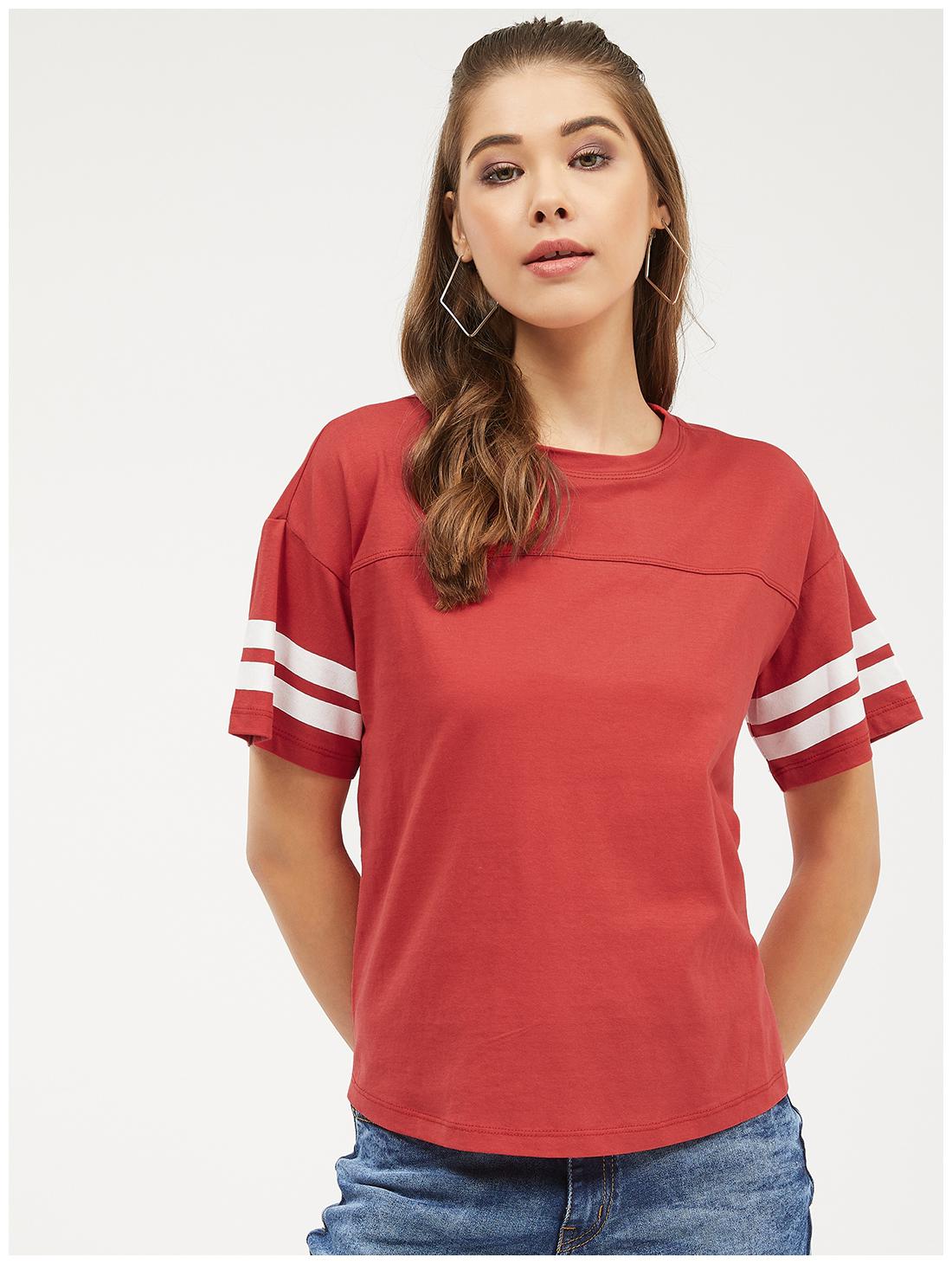 

Harpa Women Red Regular fit Round neck Cotton T shirt