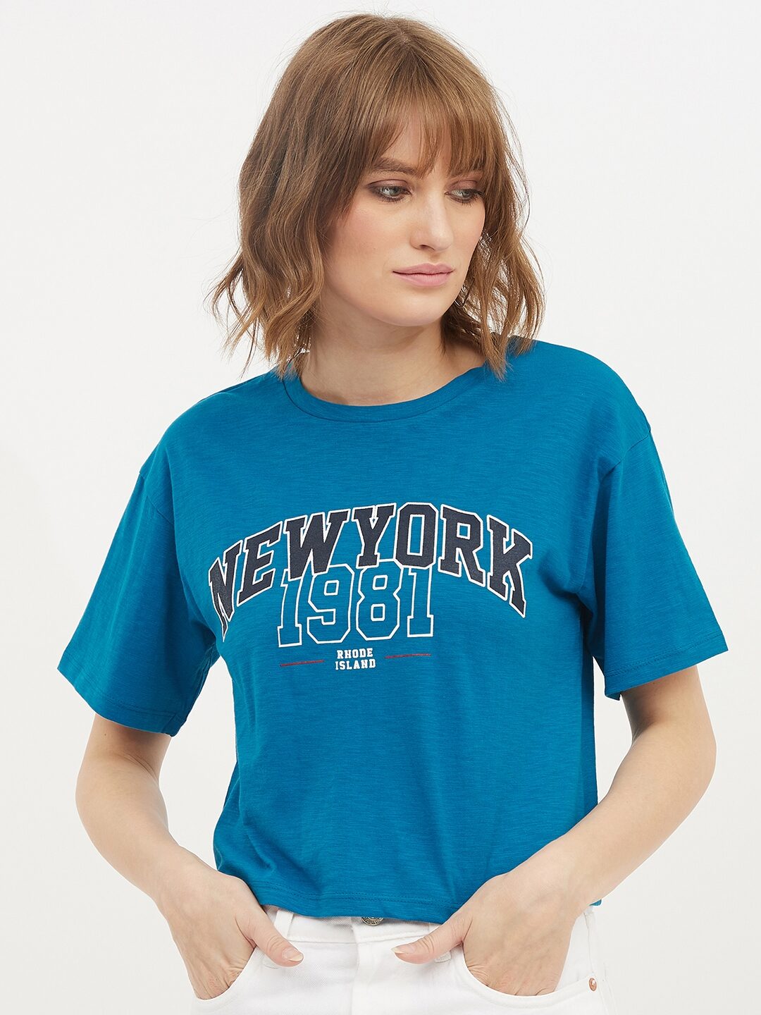 

Harpa Women Blue Regular fit Round neck Cotton T shirt
