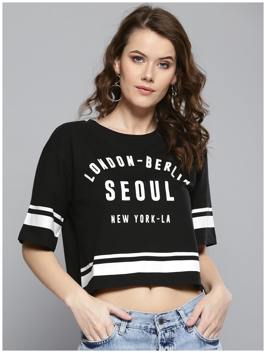 

Harpa Women Black Regular fit Round neck Cotton T shirt