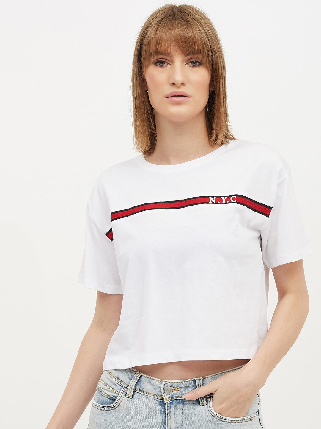 

Harpa Women White Regular fit Round neck Cotton T shirt