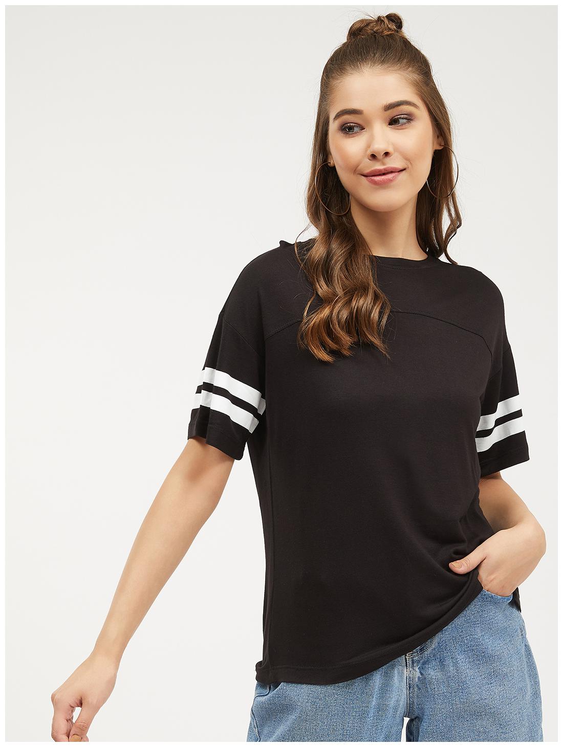 

Harpa Women Black Regular fit Round neck Cotton T shirt