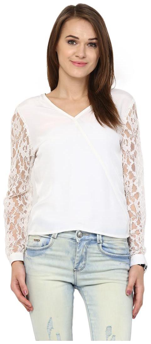 

Harpa Cream Crepe Solid Long Sleeve Womens Top