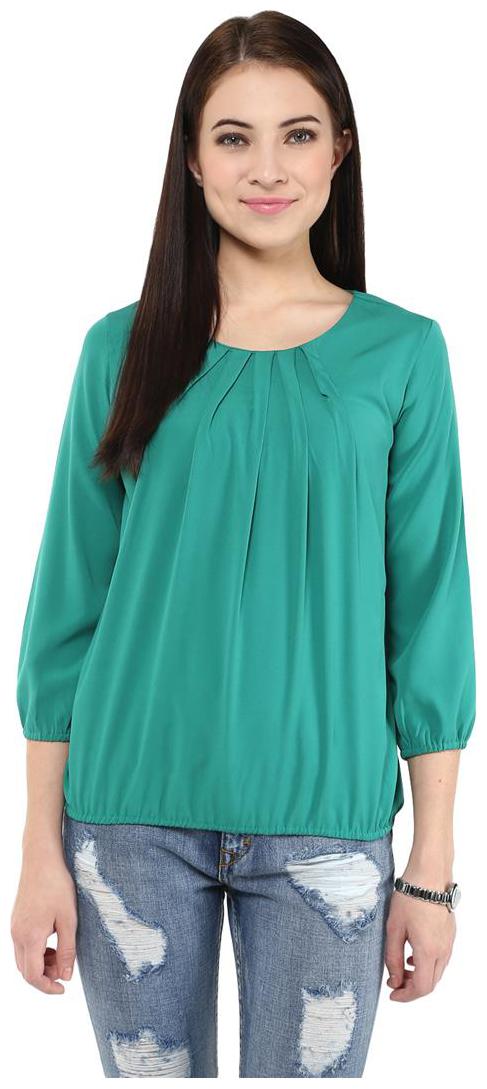 

Harpa Green Crepe V Neck Solid Womens Top