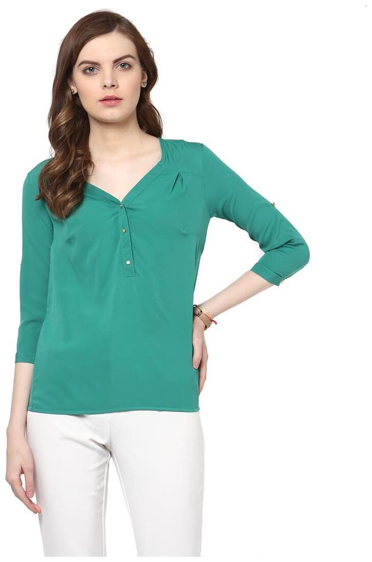 

Harpa Green Crepe Solid 3 4th Sleeves Womens Top