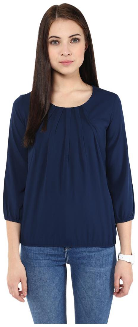 

Harpa Navy Crepe V Neck Solid Womens Top