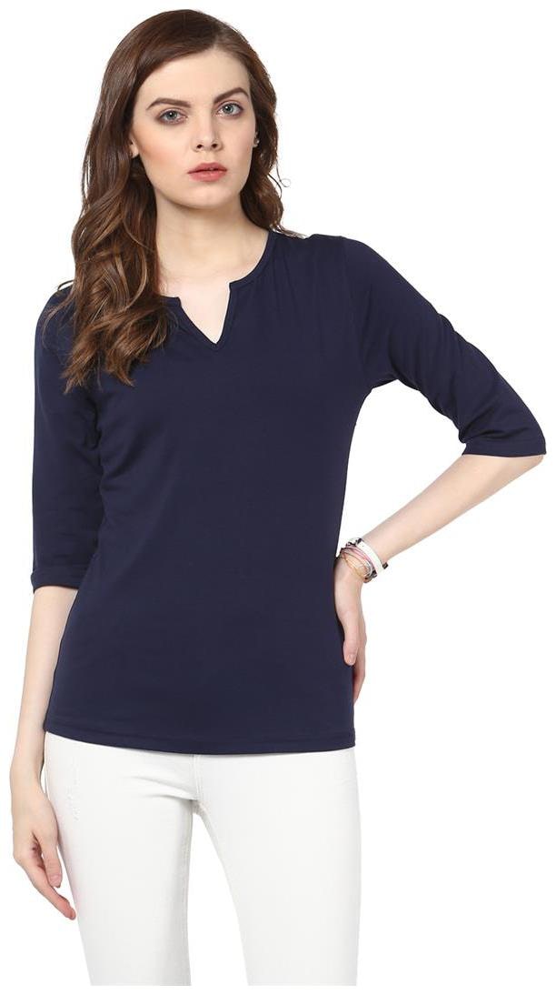 

Harpa Navy Cotton Spandex Solid Half Sleeves Womens Top