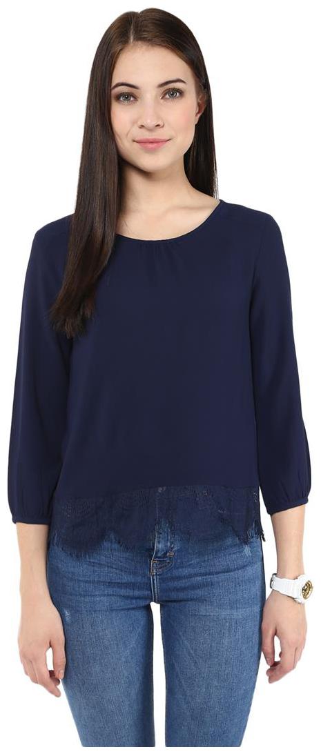 

Harpa Navy Textured Crepe Round neck Solid Womens Top