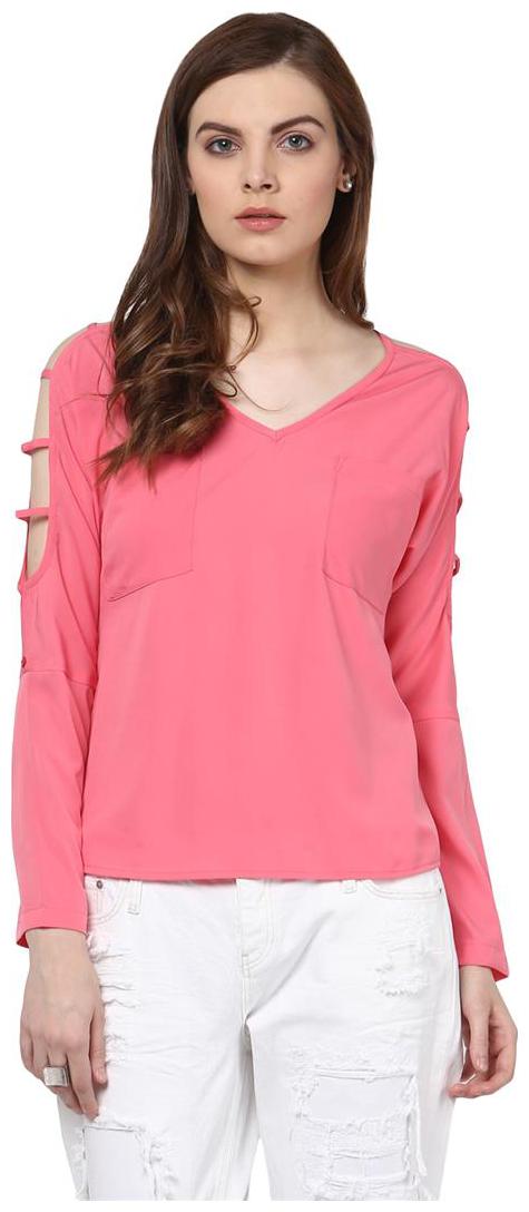 Harpa Pink Crepe Solid Full Sleeves Womens Top by Harpa