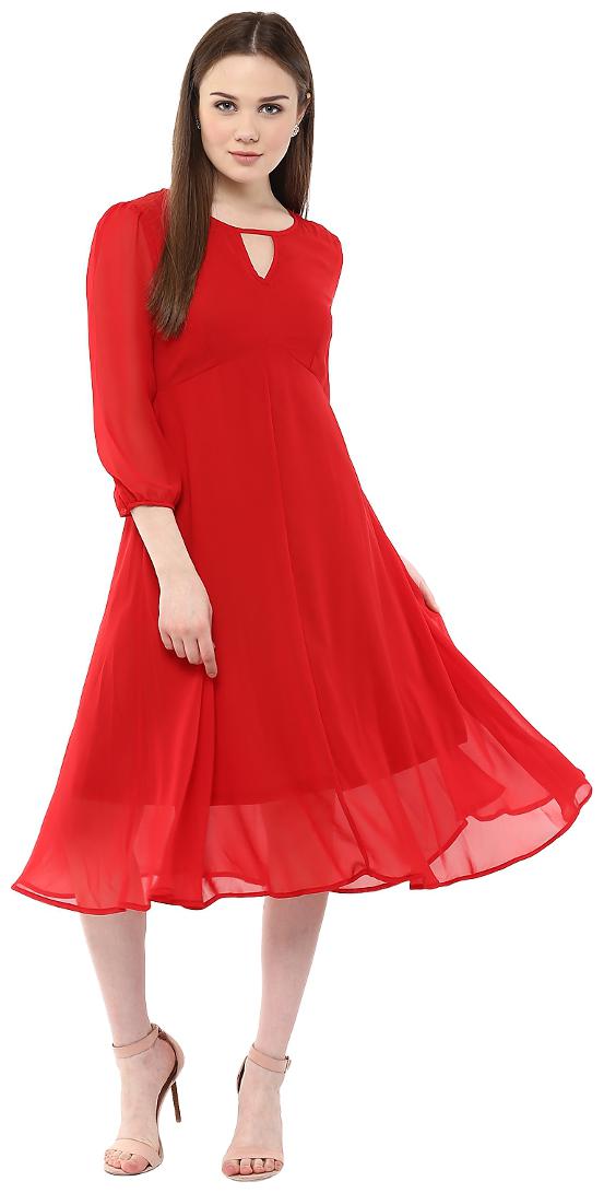 

Harpa Red Solid Fit flare dress