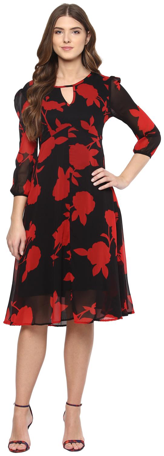 

Harpa Red Printed Fit flare dress