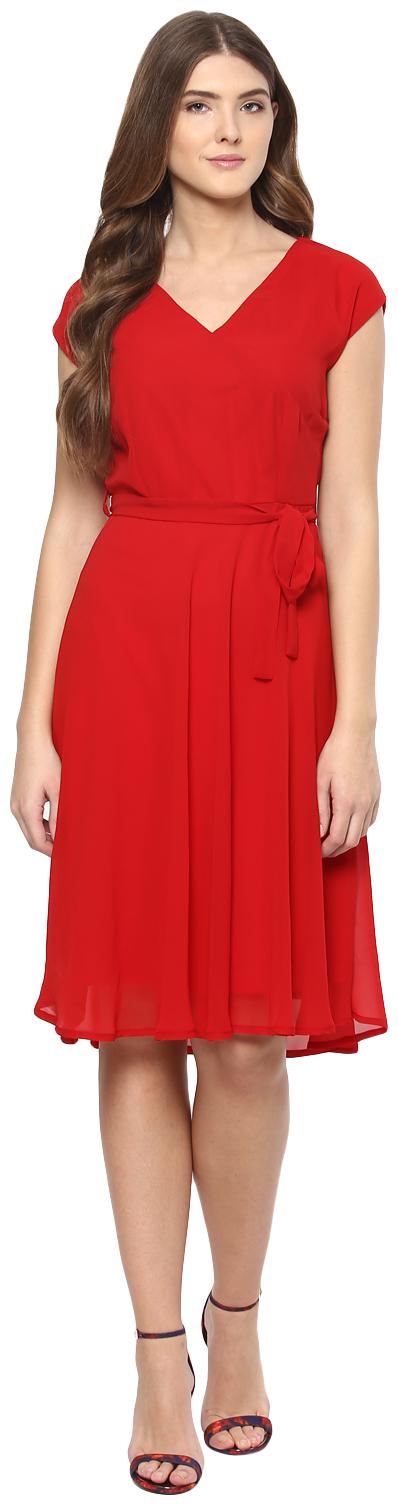 

Harpa Red Solid Fit flare dress