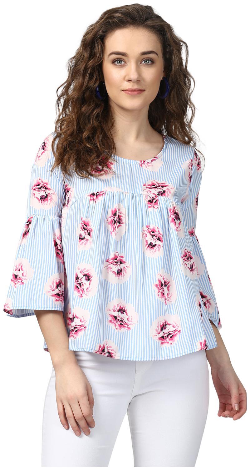 

Harpa Round Neck Printed Top -GR5453B-SKY BLUE