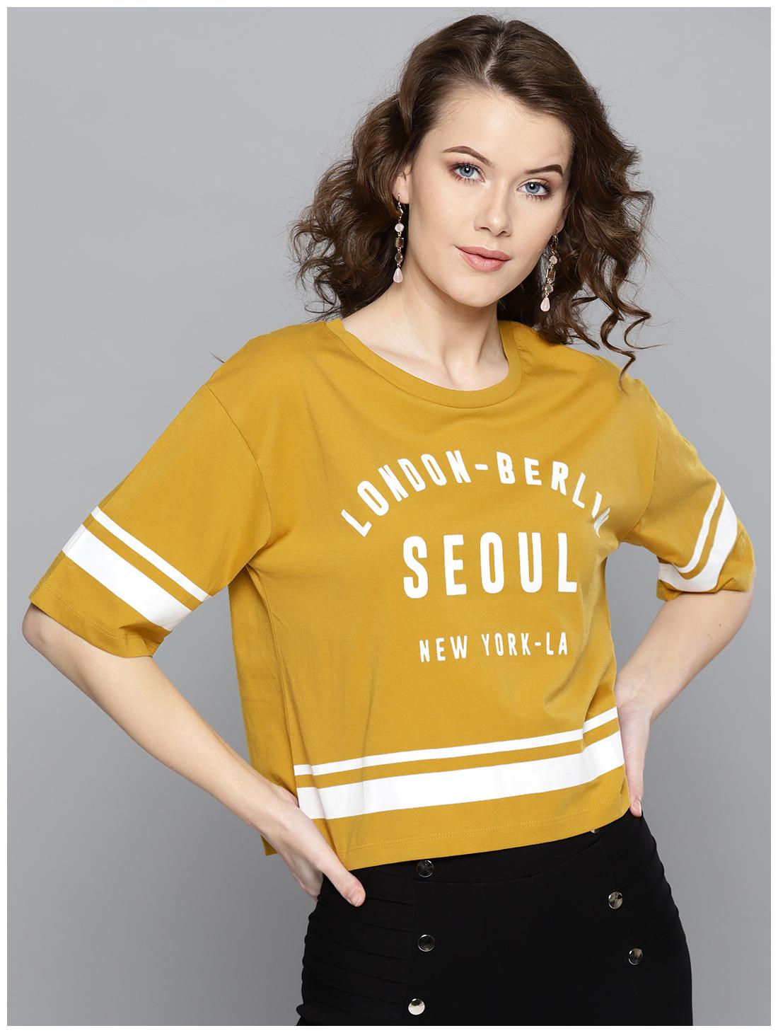 

Harpa Women Mustard Regular fit Round neck Cotton T shirt