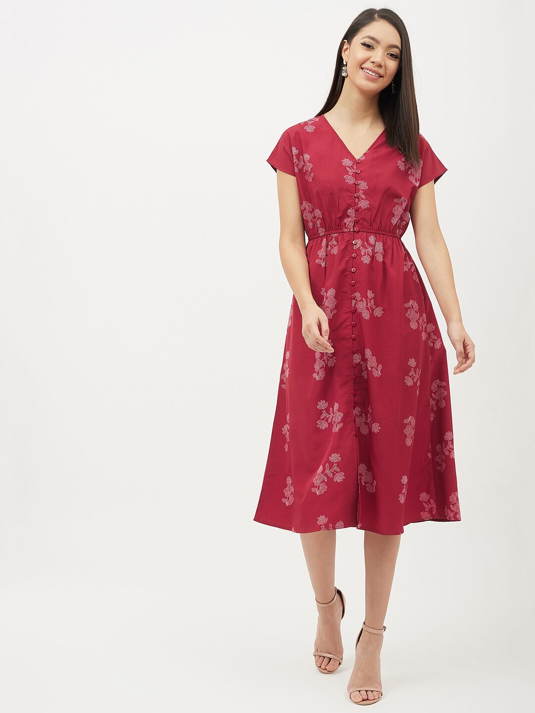 

Harpa Women Polyester Floral Maroon A Line Dress