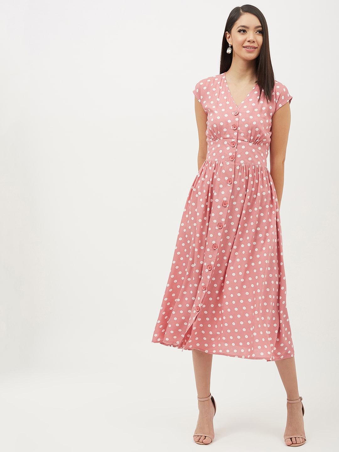 

Harpa Women Viscose Rayon Polka Dots Pink A Line Dress