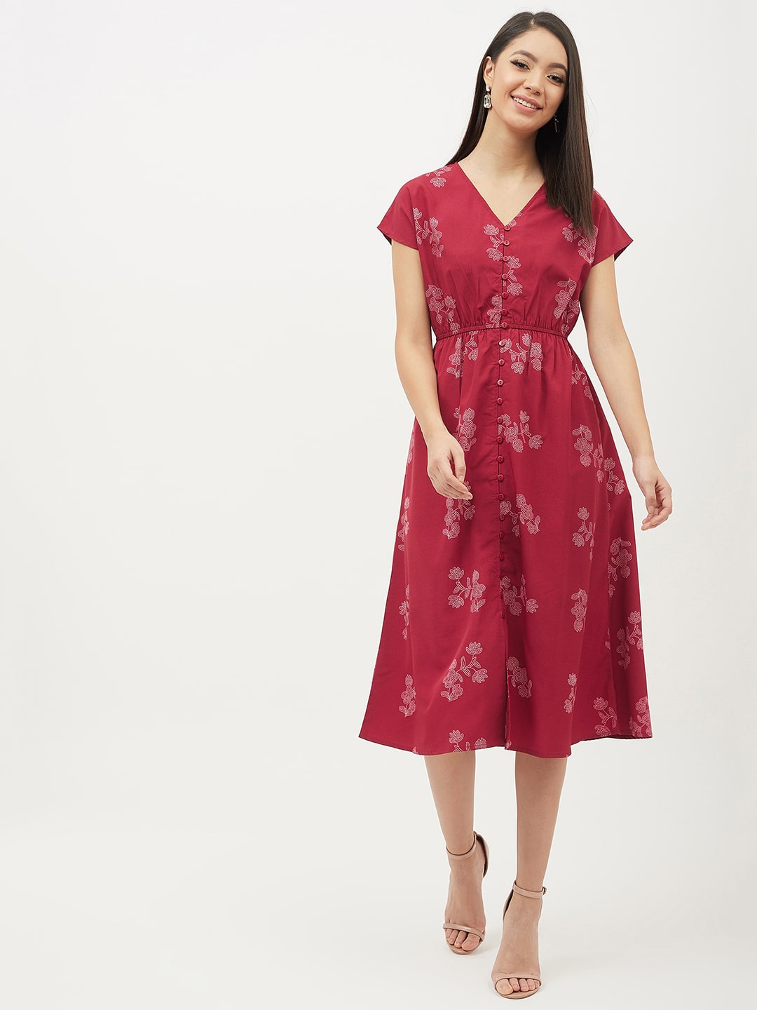 

Harpa Women Polyester Floral Maroon A Line Dress