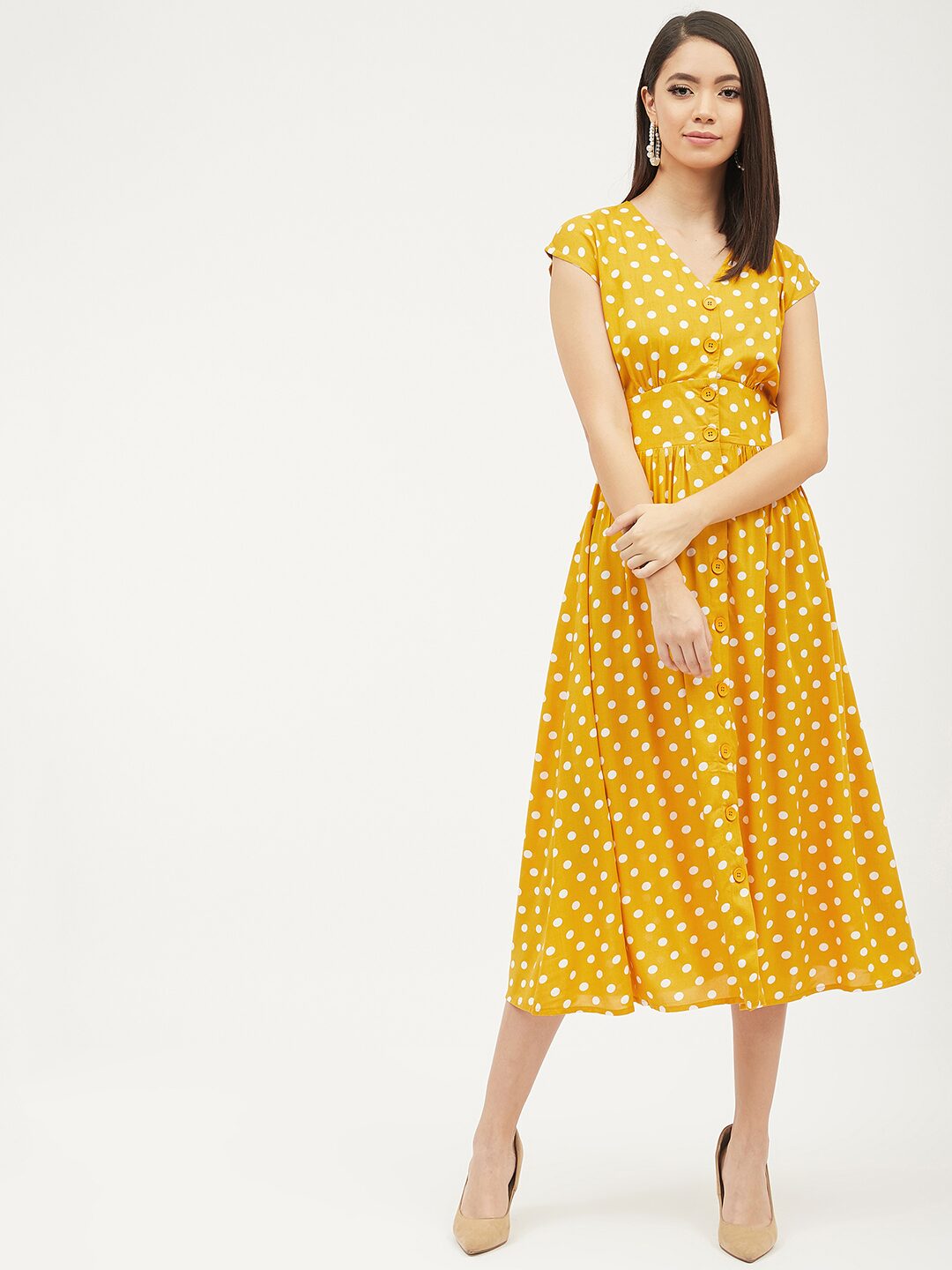 

Harpa Women Viscose Rayon Polka Dots Yellow A Line Dress