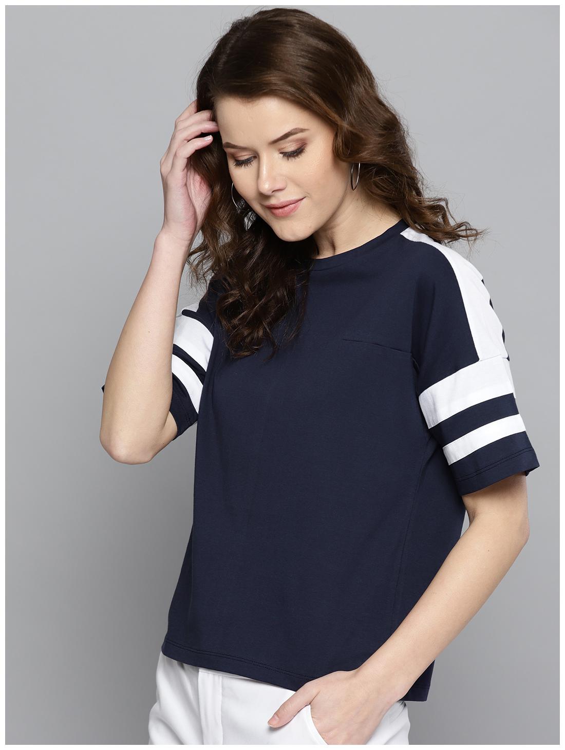 

Harpa Women Navy Regular fit Round neck Cotton T shirt