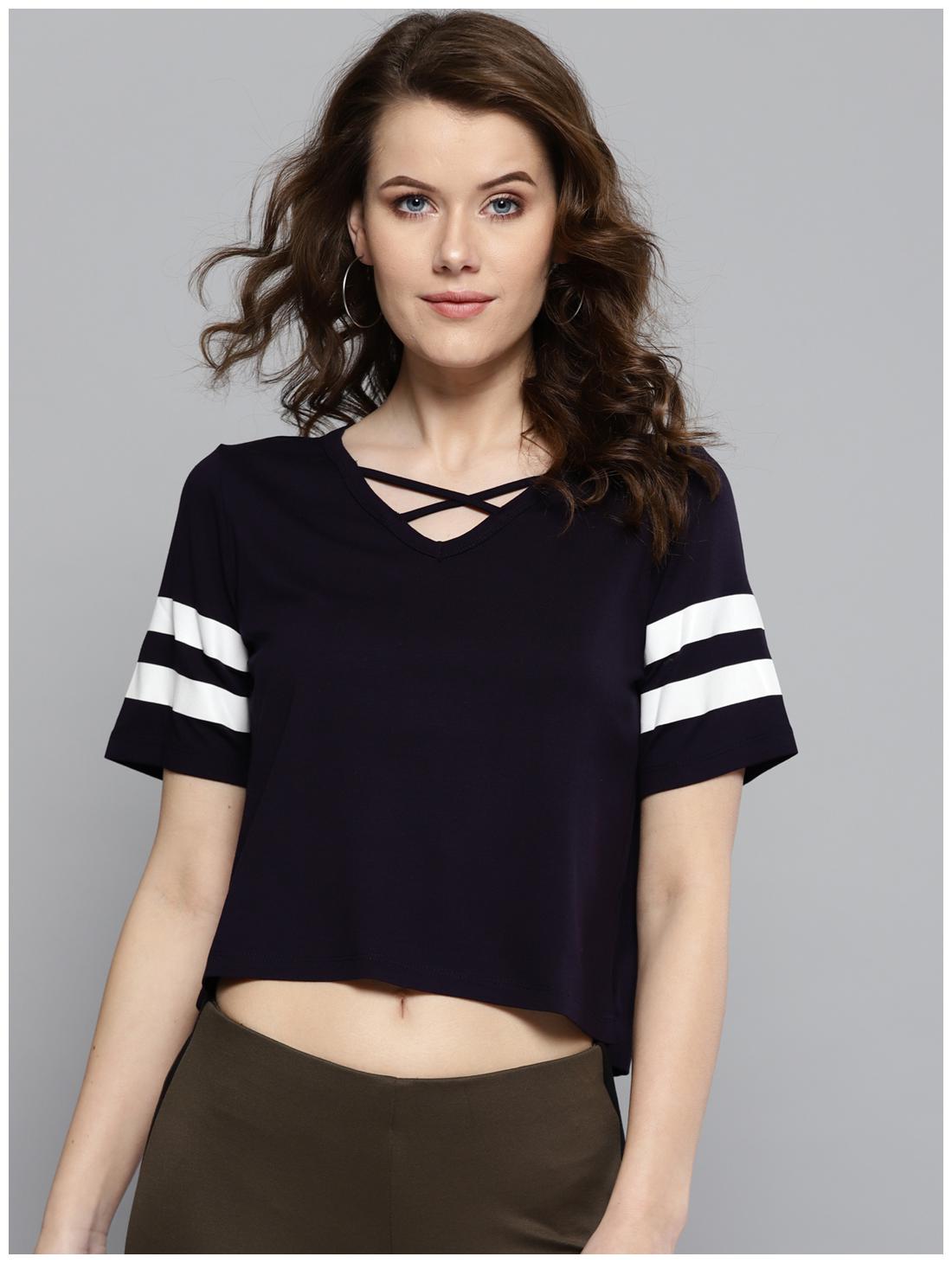 

Harpa Women Navy Regular fit V neck Cotton T shirt