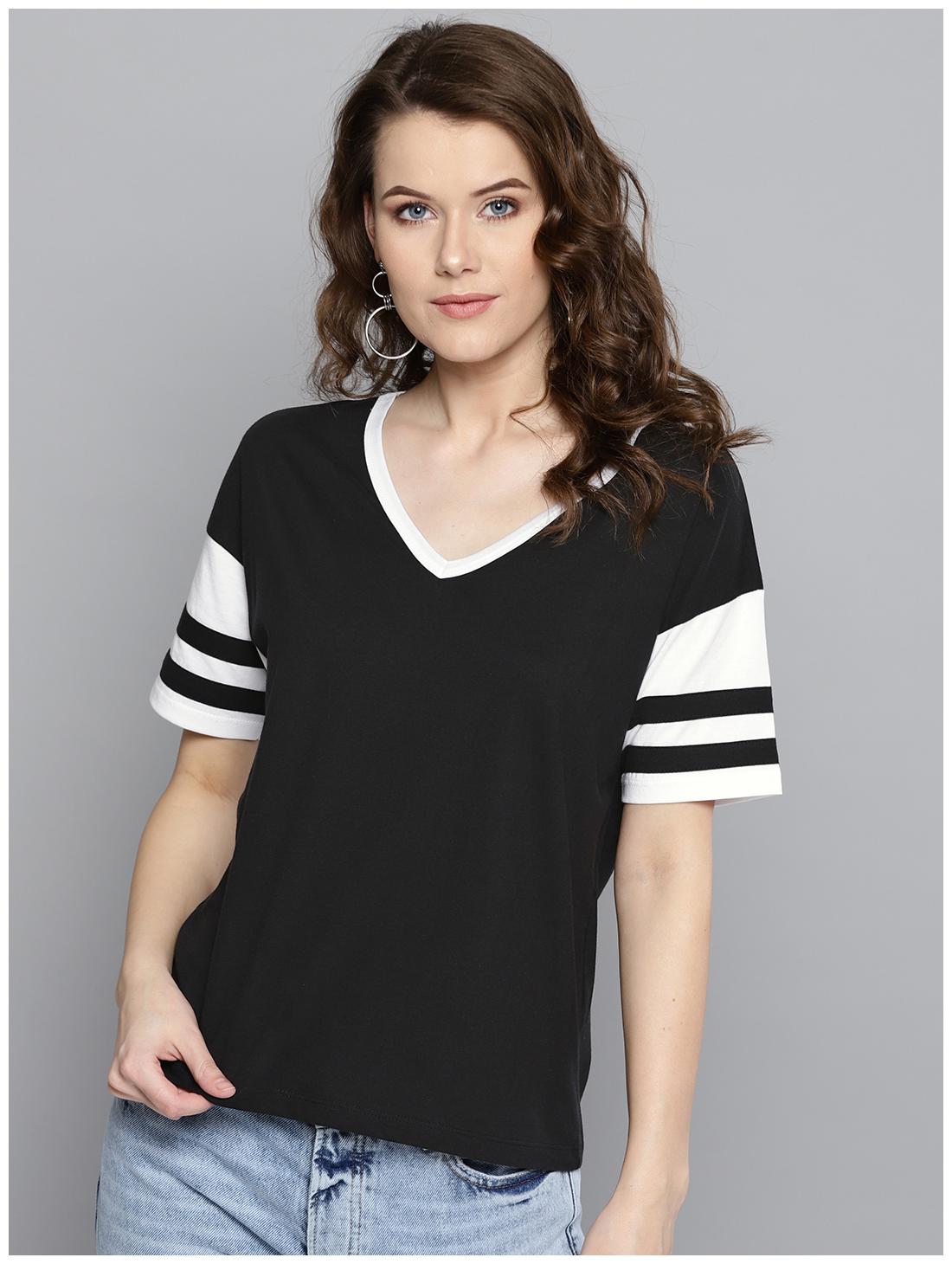 

Harpa Women Black Regular fit V neck Cotton T shirt