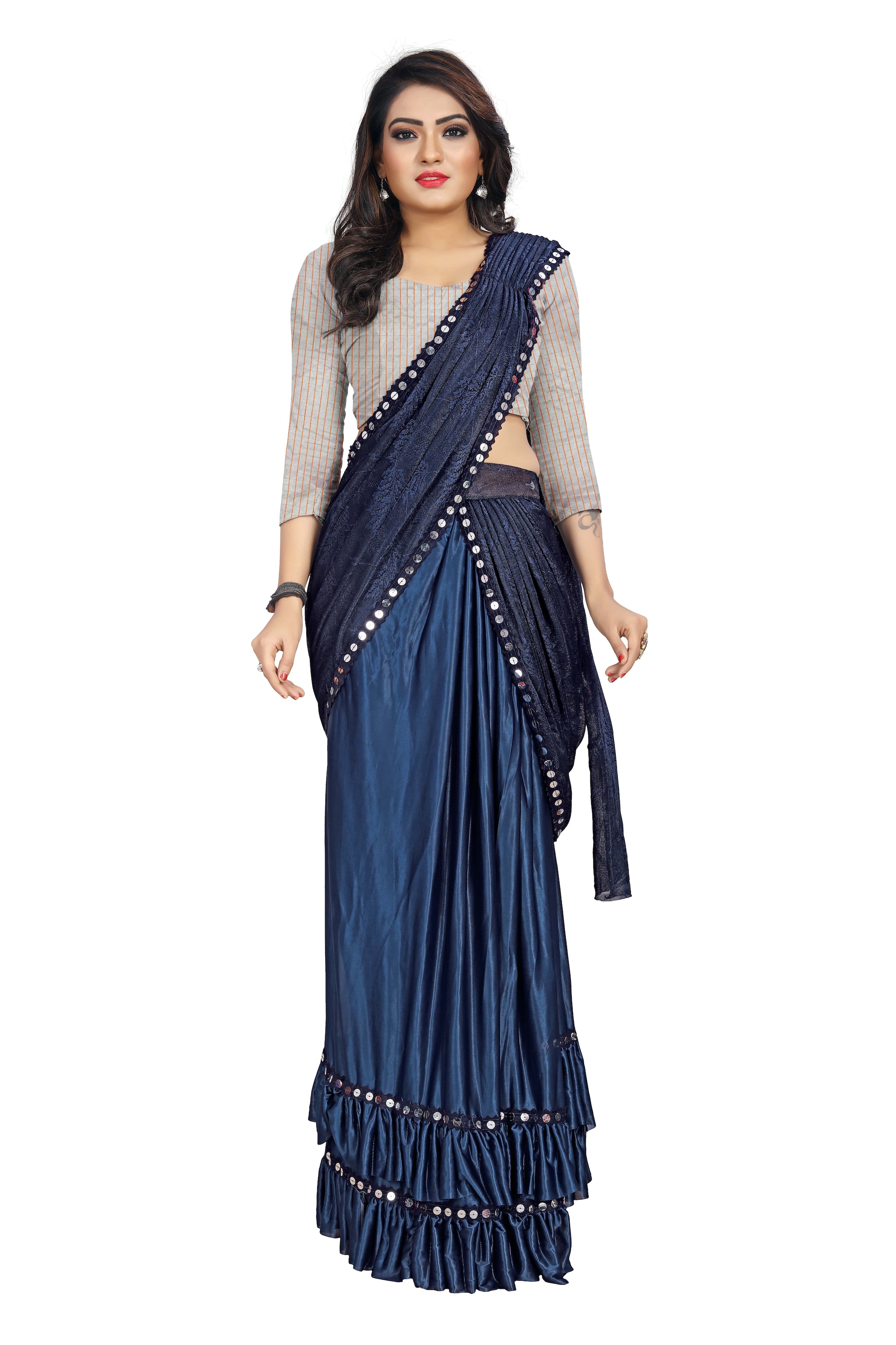 

HARPITA Lycra Embellished Blue Ready Pleated Saree For Women