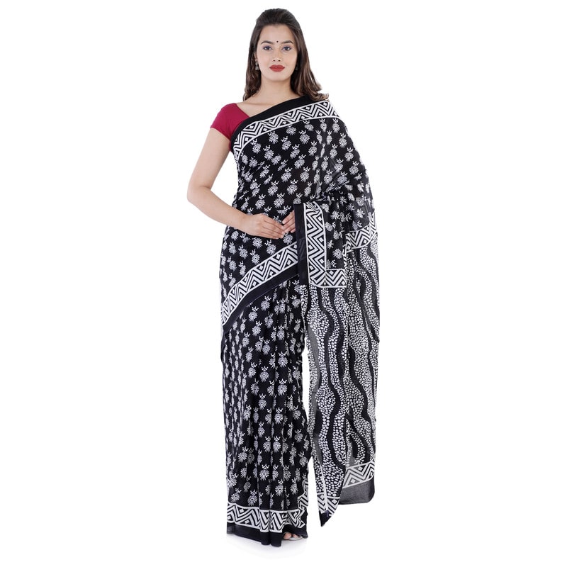 

Harsukhi Cotton Printed Black White Designer Saree