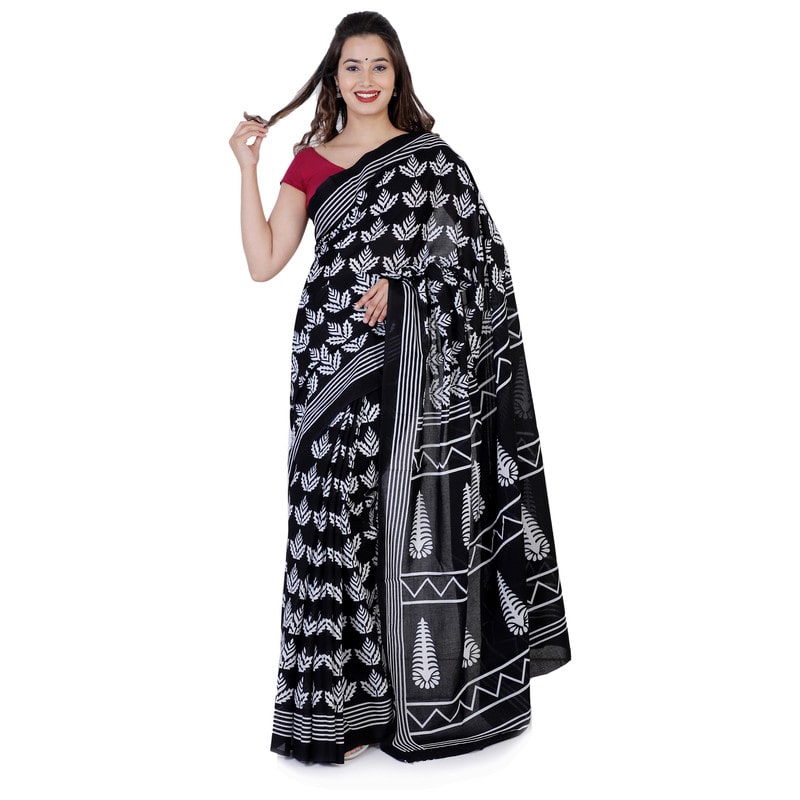 

Harsukhi Cotton Printed Black White Designer Saree