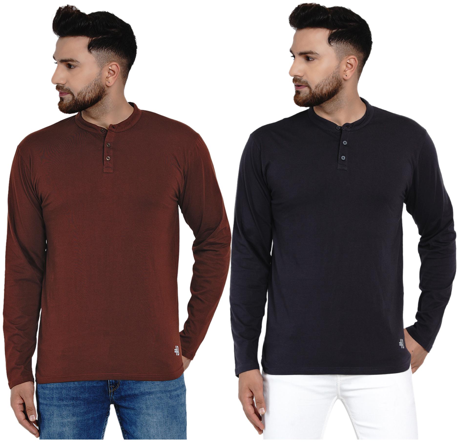 

HASHBEAN Men Brown Black Regular fit Cotton Henley neck T-Shirt - Pack Of 2