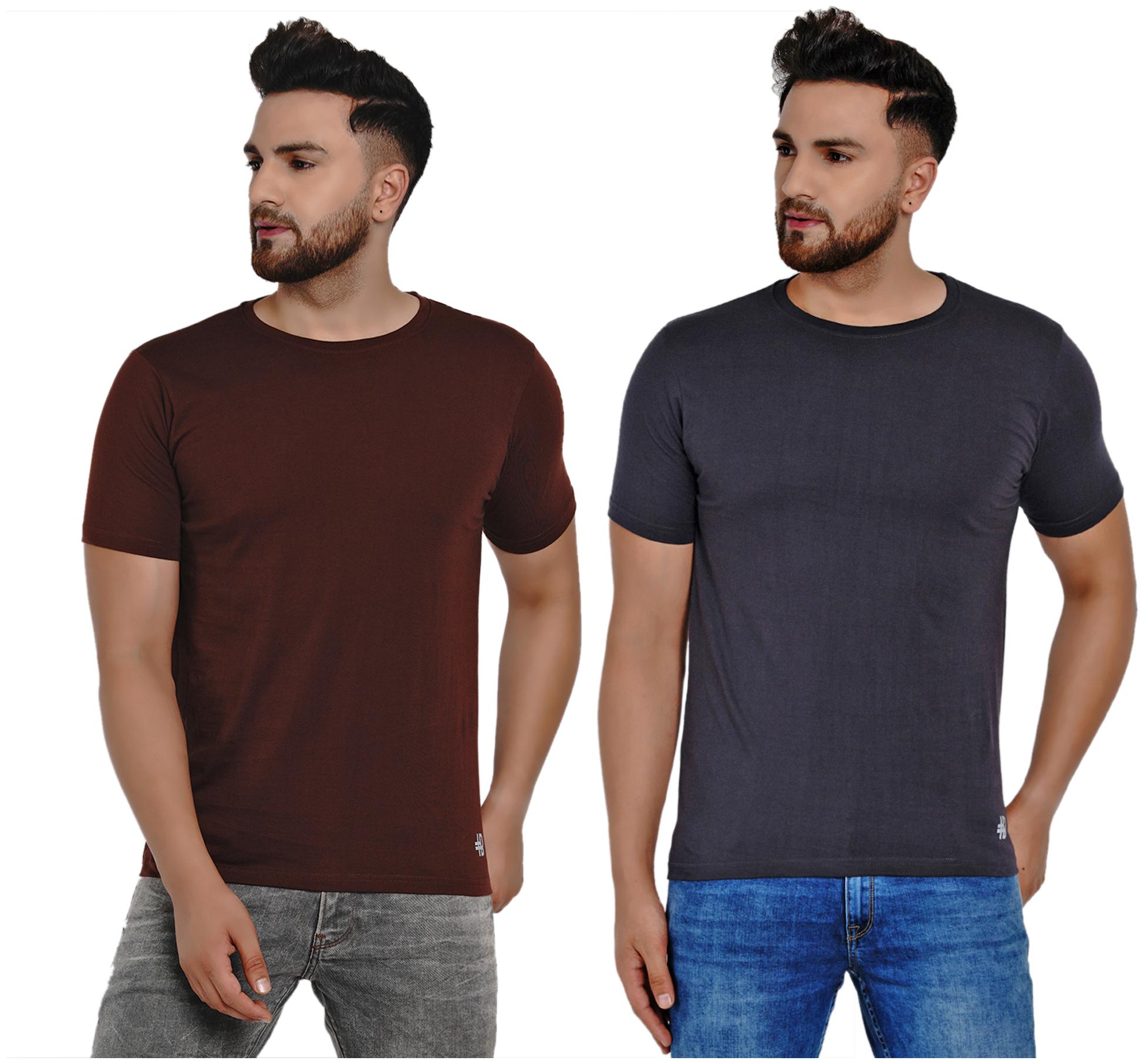 

HASHBEAN Men Brown Grey Regular fit Cotton Round neck T-Shirt - Pack Of 2