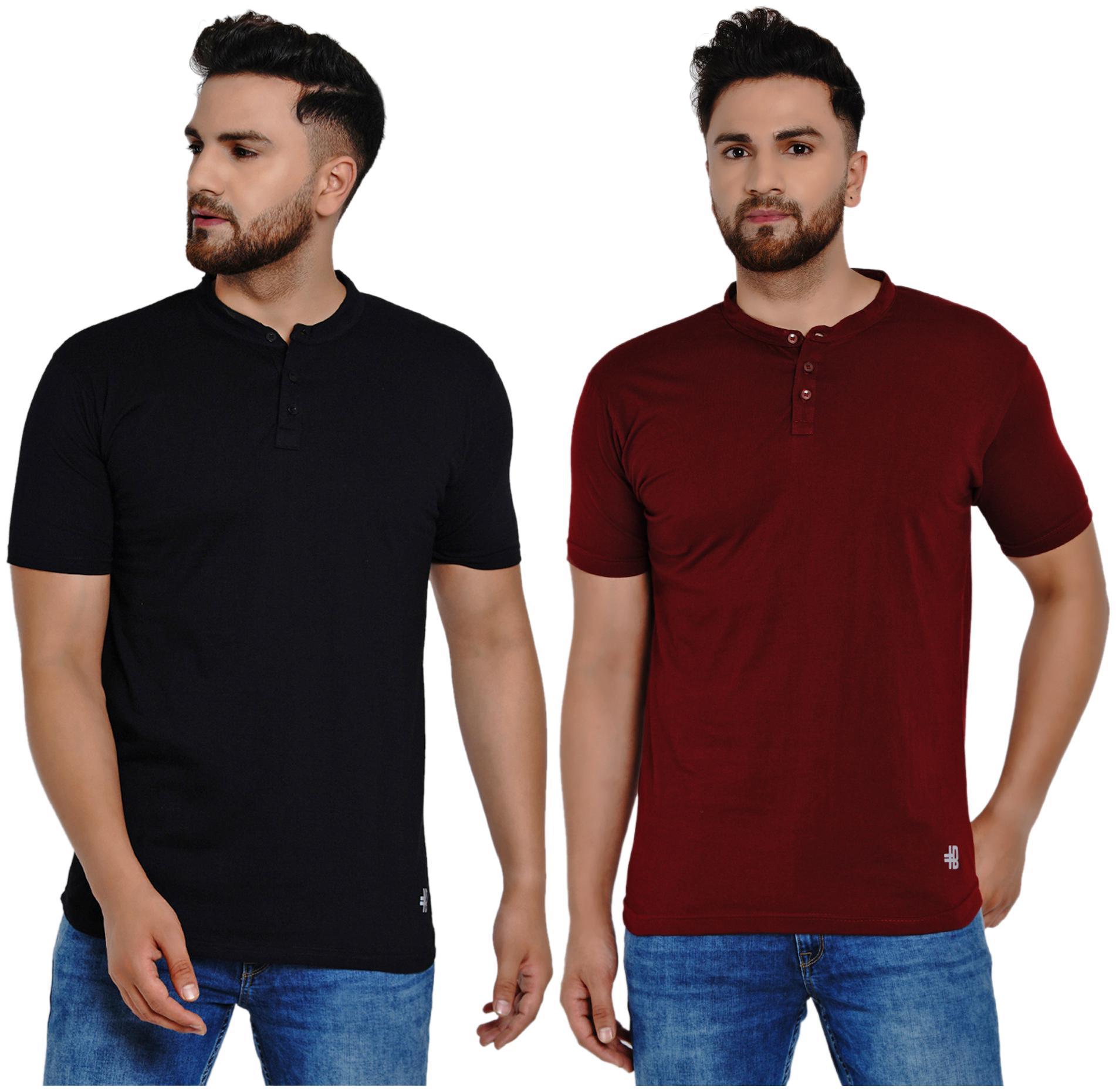 

HASHBEAN Men Black Maroon Regular fit Cotton Henley neck T-Shirt - Pack Of 2