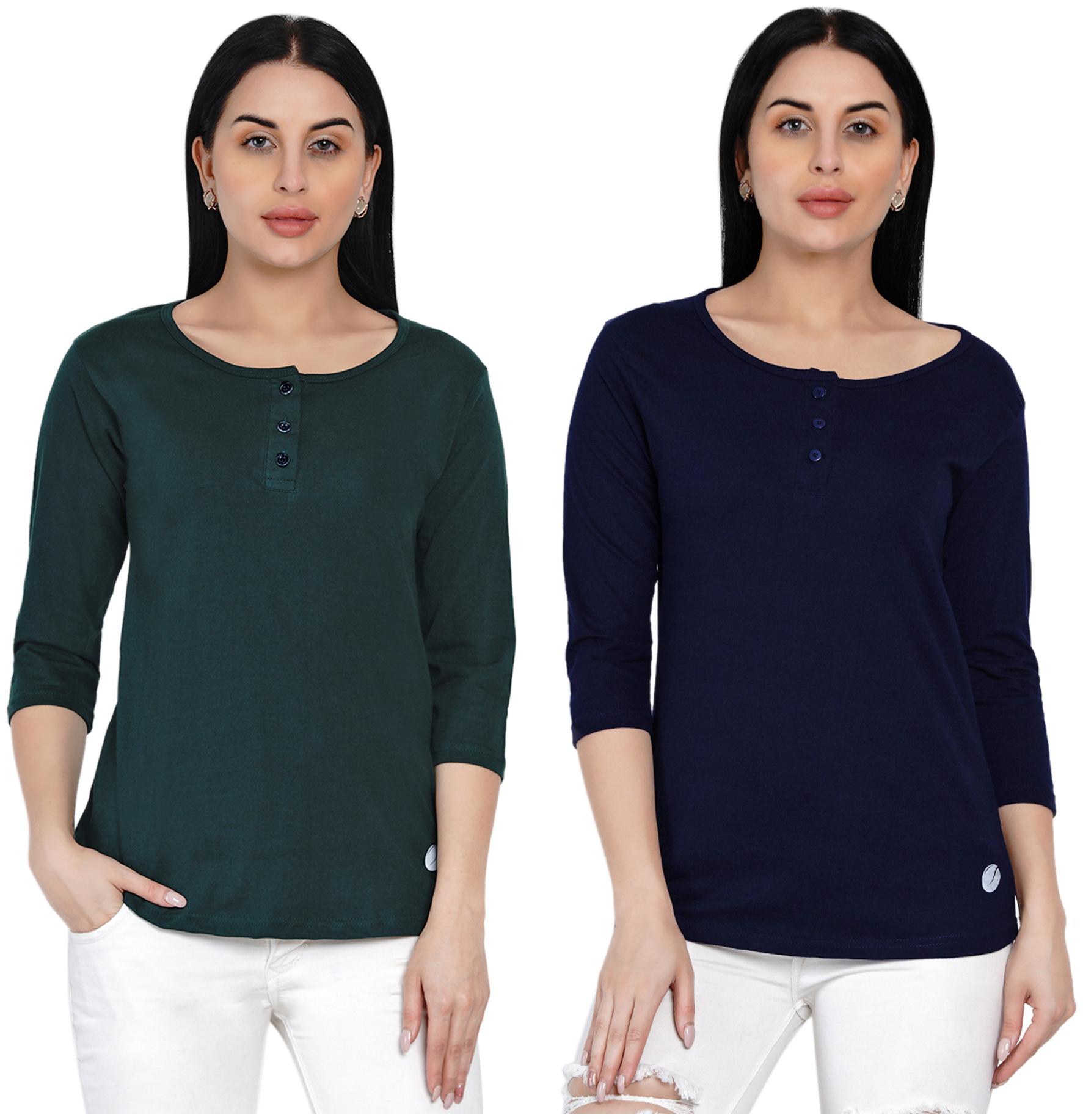 

Women Solid Half Sleeve Cotton Henley Tshirt (Pack of 2)