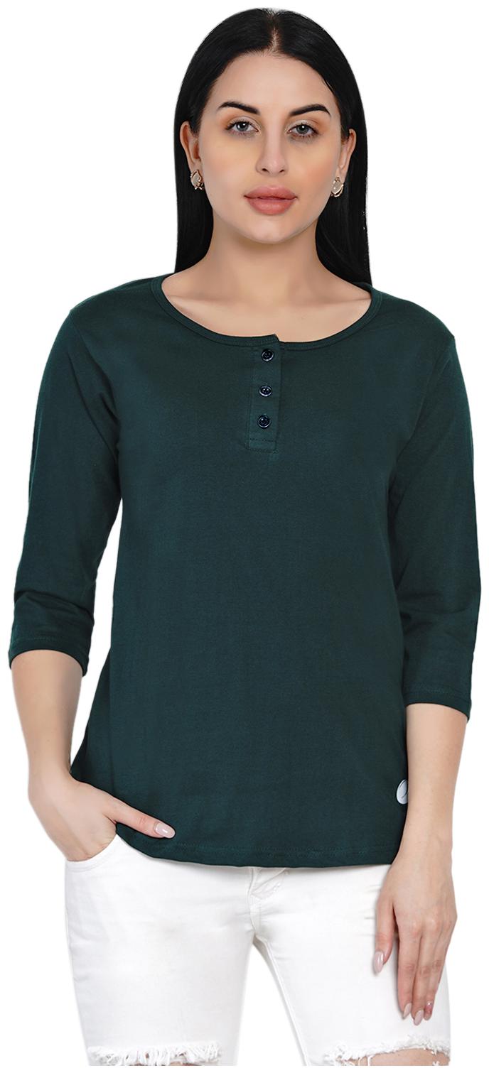 

HASHBEAN Women Green Regular fit Henley neck Cotton T shirt