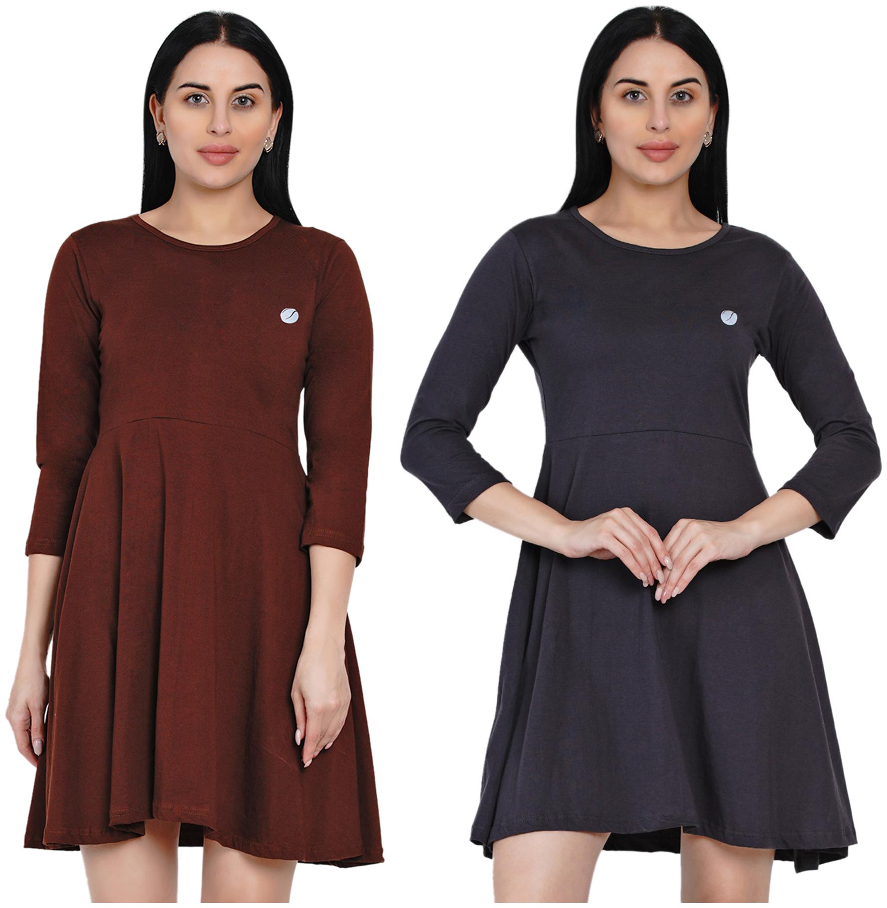 

HASHBEAN Brown Grey Solid Flared dress