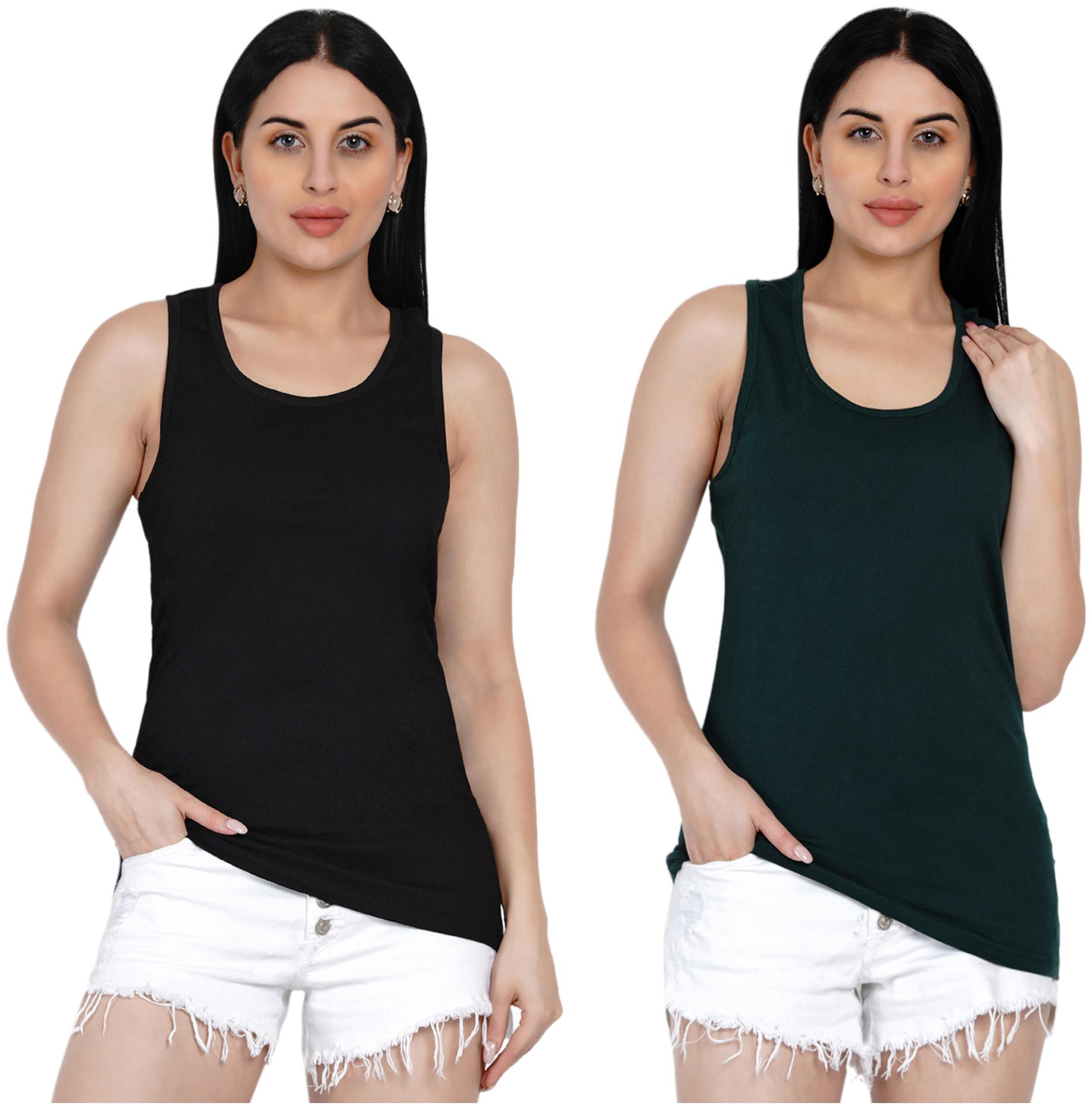 

HASHBEAN Women Black Green Regular fit U neck Cotton Tank top