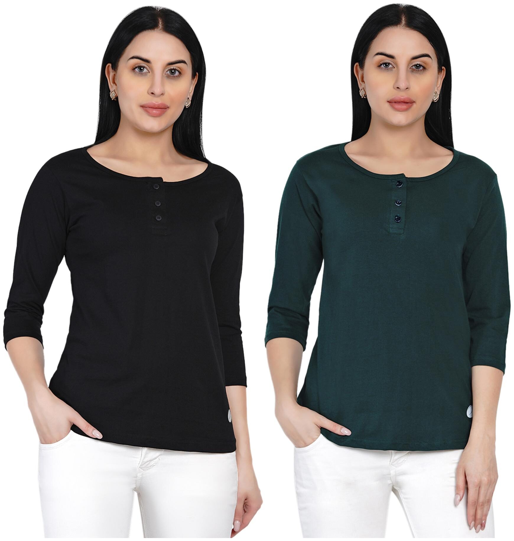 

HASHBEAN Women Black Green Regular fit Henley neck Cotton T shirt