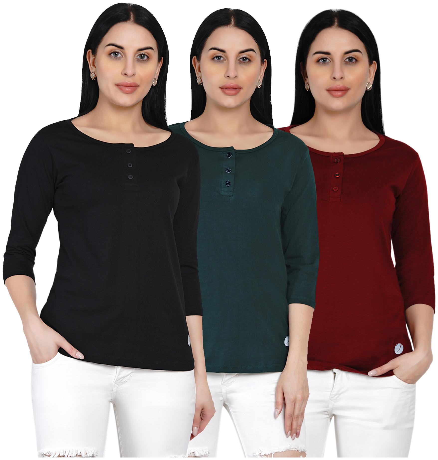 

HASHBEAN Women Multi Regular fit Henley neck Cotton T shirt