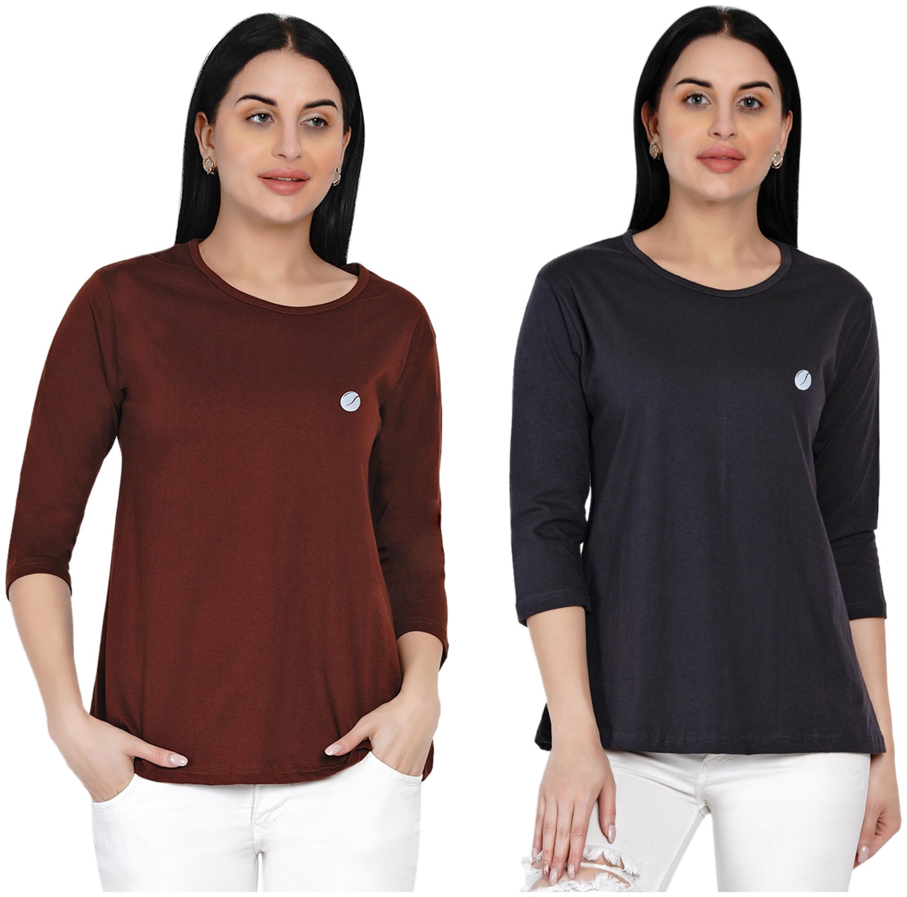 

HASHBEAN Women Brown Grey Regular fit Round neck Cotton T shirt