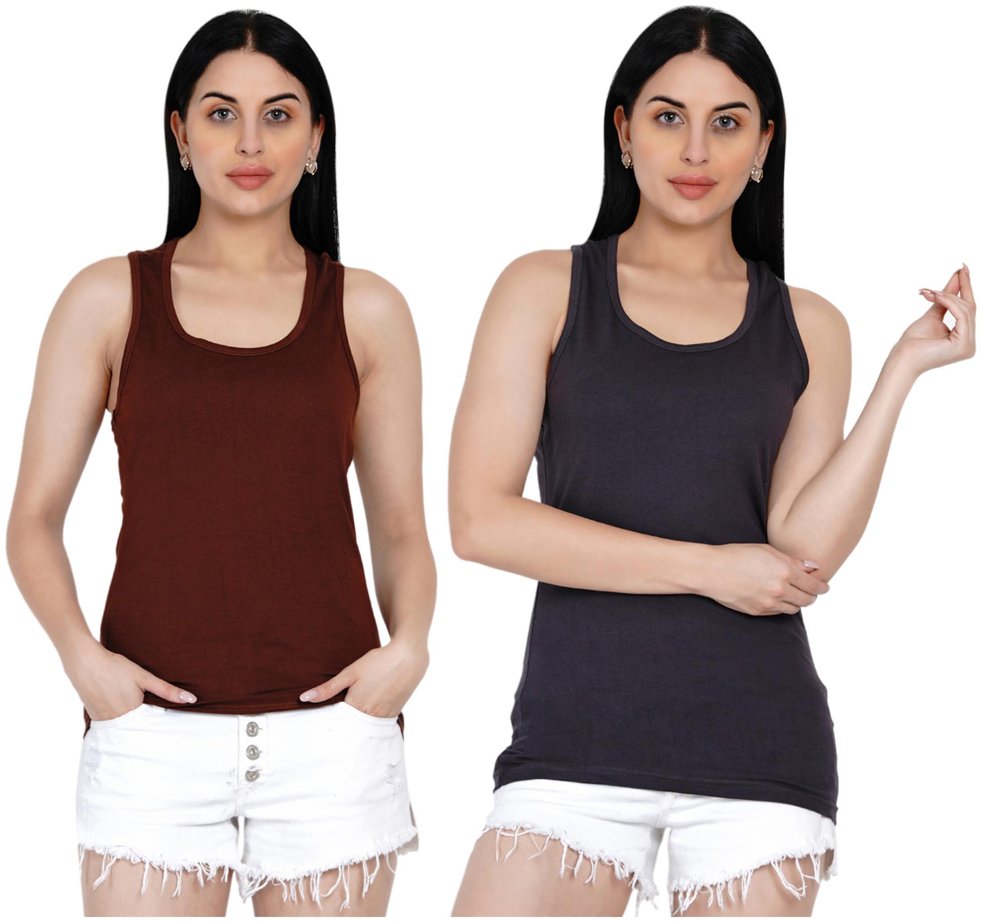 

HASHBEAN Women Brown Grey Regular fit U neck Cotton Tank top