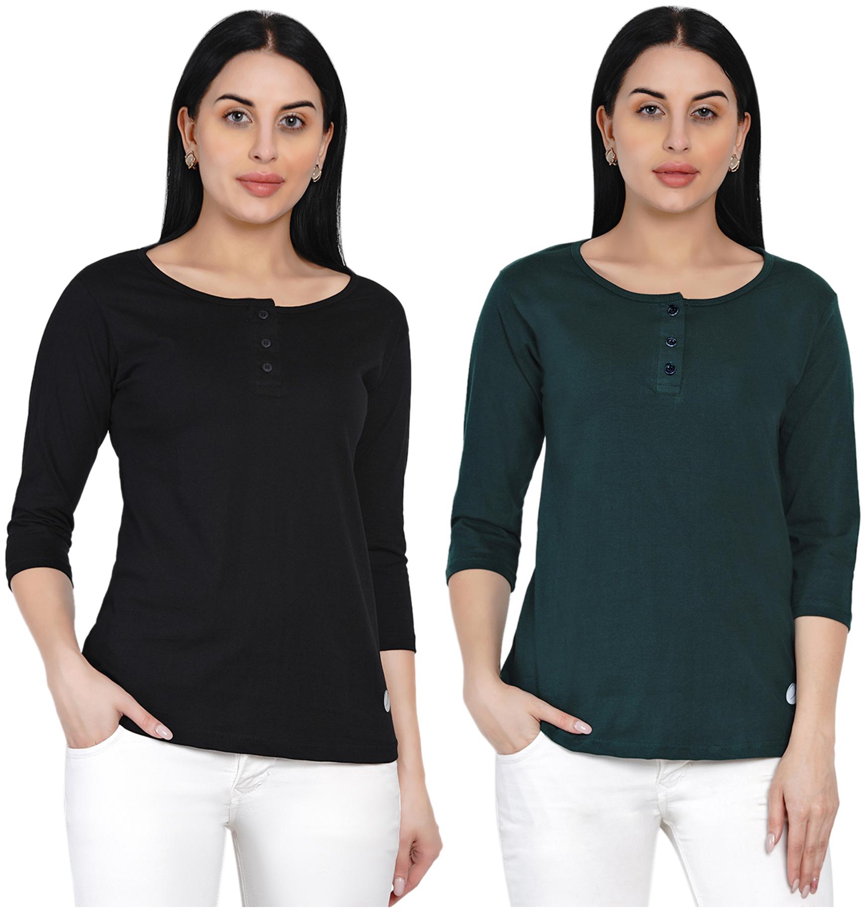 

HASHBEAN Women Black Green Regular fit Henley neck Cotton T shirt