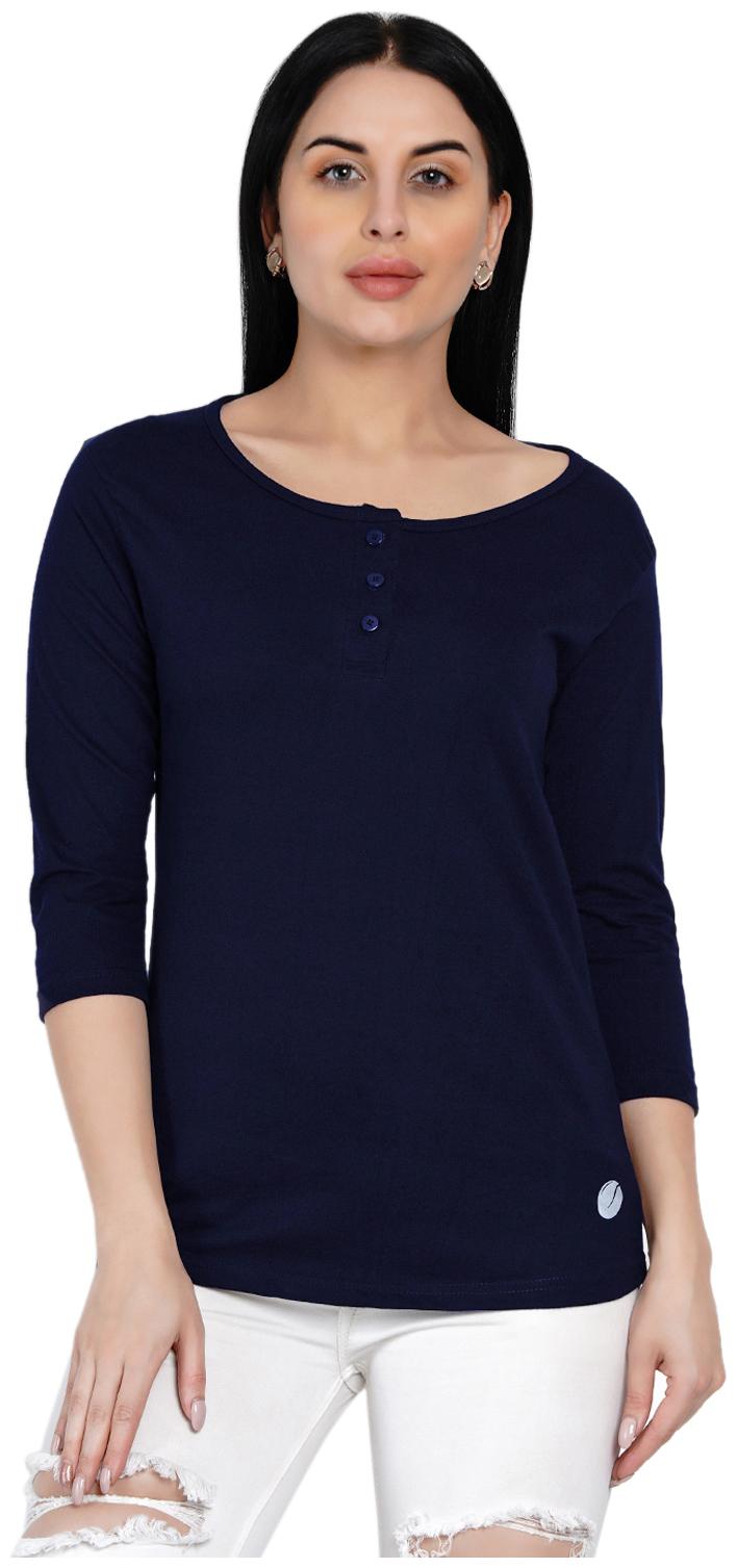 

Hashbean Women Cotton Solid T Shirt (Navy Blue)